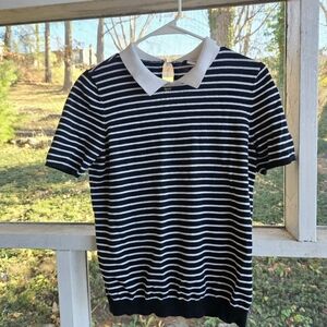 LOFT Parisian Style Black & White Striped Collared Short Sleeve